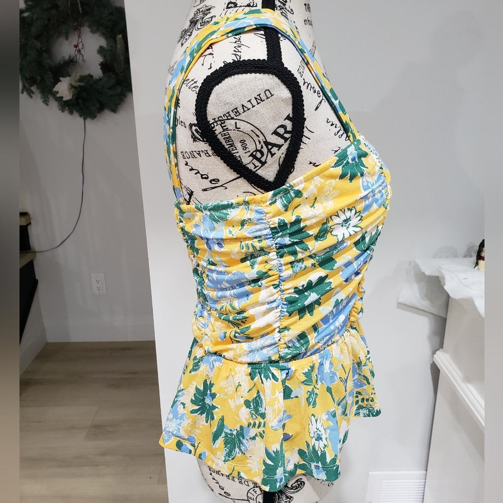 ECLAIR | Yellow/Blue Floral Rouched Tank Top - Picture 3 of 4